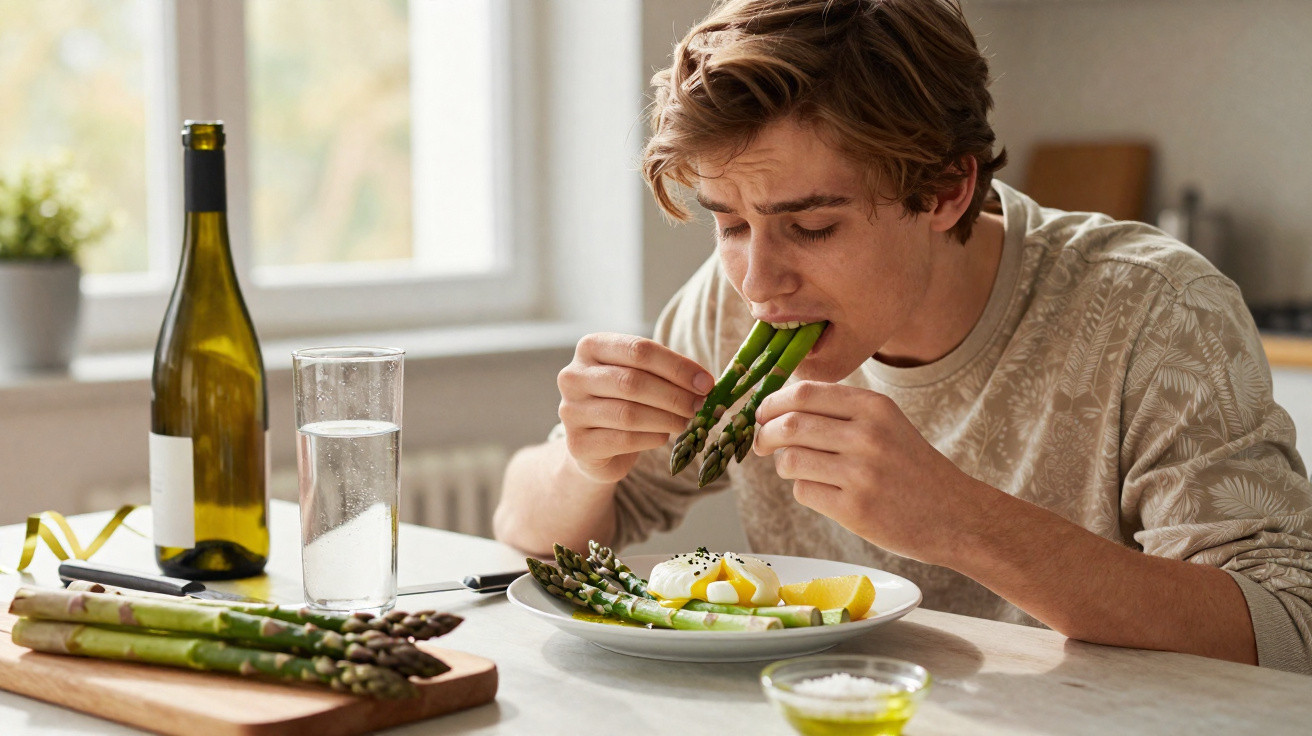 Jovem a comer espargos verdes numa cozinha, com prato, garrafa de vinho e copo de água à frente.