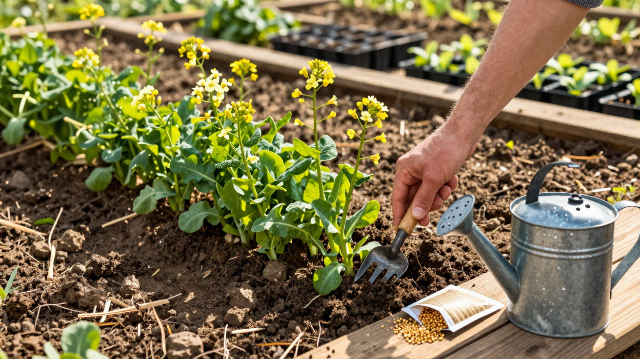 Pessoa a cuidar de plantas com flores amarelas numa horta, usando um pequeno ancinho e regador metálico ao lado.