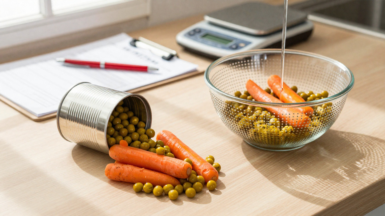 Latinha de ervilhas e cenouras, alguns legumes caídos sobre mesa de madeira junto a taça de vidro com legumes e água a ser ve