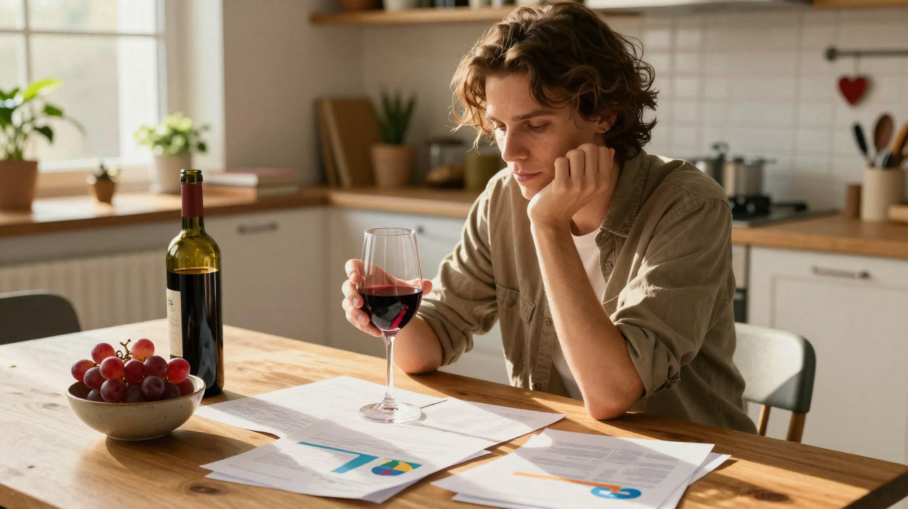 Jovem sentado à mesa, segurando copo de vinho tinto e a analisar documentos numa cozinha iluminada.