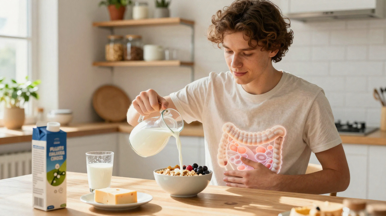 Jovem a deitar leite num prato de cereal com fruta, com ilustração do intestino visível na t-shirt.