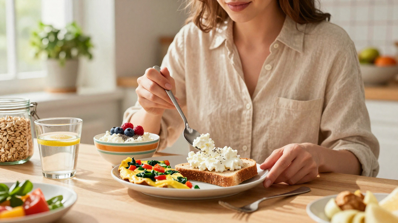 Mulher a preparar torrada com queijo creme, omelete e fruta num pequeno-almoço saudável.