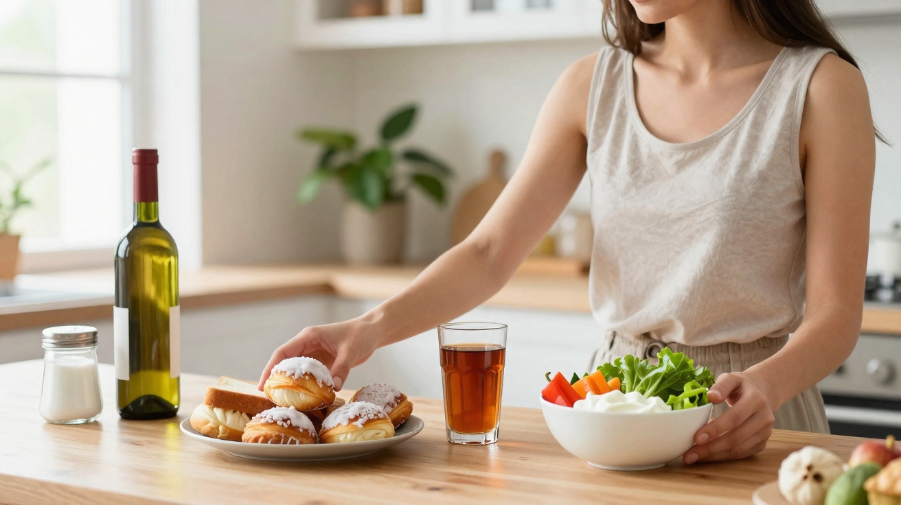 Mulher na cozinha escolhe entre doces numa mesa com salada, sumo e garrafa de bebida.