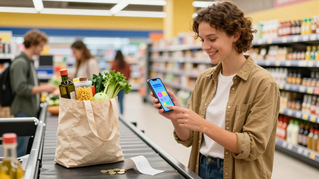Mulher sorridente a usar telemóvel junto a compra sustentável numa bolsa de pano num supermercado.