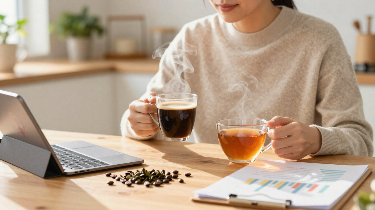 Pessoa a segurar chá e café quentes, com computador, cápsulas de café e documento numa mesa de madeira.