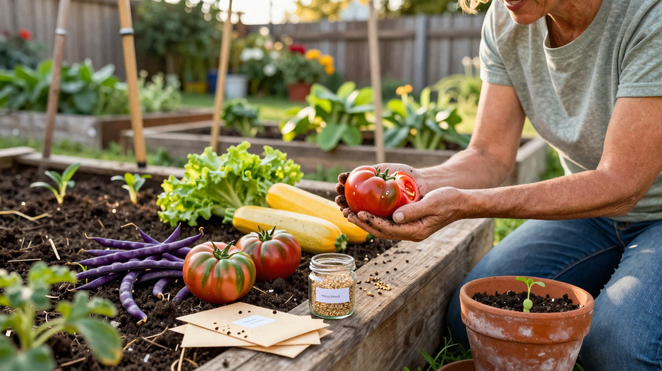 Pessoa a segurar tomates vermelhos numa horta com legumes e sementes num canteiro de madeira.