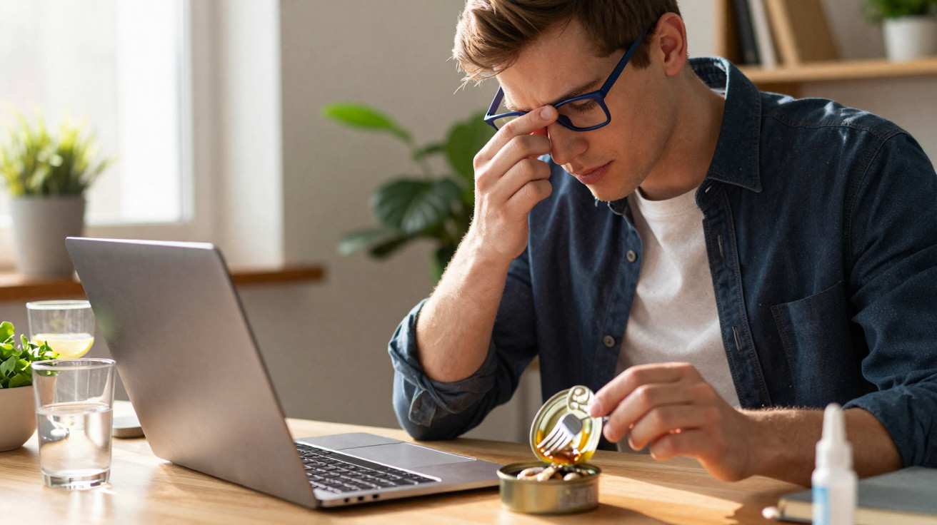 Homem com óculos sentado à mesa, a abrir uma lata de conservas, com computador portátil à frente.