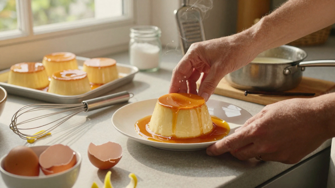 Mãos a colocar pudim de caramelo num prato, com utensílios e ingredientes de cozinha ao redor.