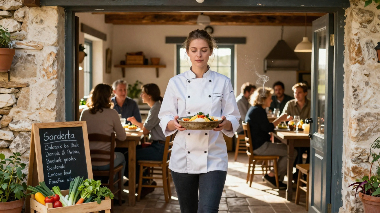 Cozinheira com prato, em restaurante rústico, com clientes sentados a uma mesa ao fundo.