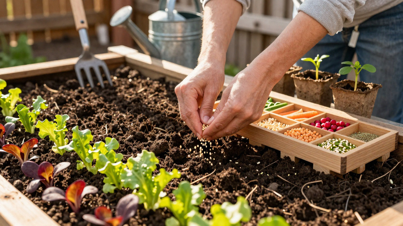 Pessoa a semear sementes em canteiro com várias plantas e ferramenta de jardinagem ao fundo.