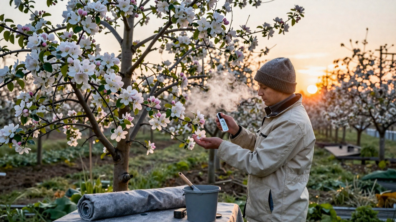 Agricultor com gorro mede temperatura em pomar de macieiras em flor ao pôr do sol.