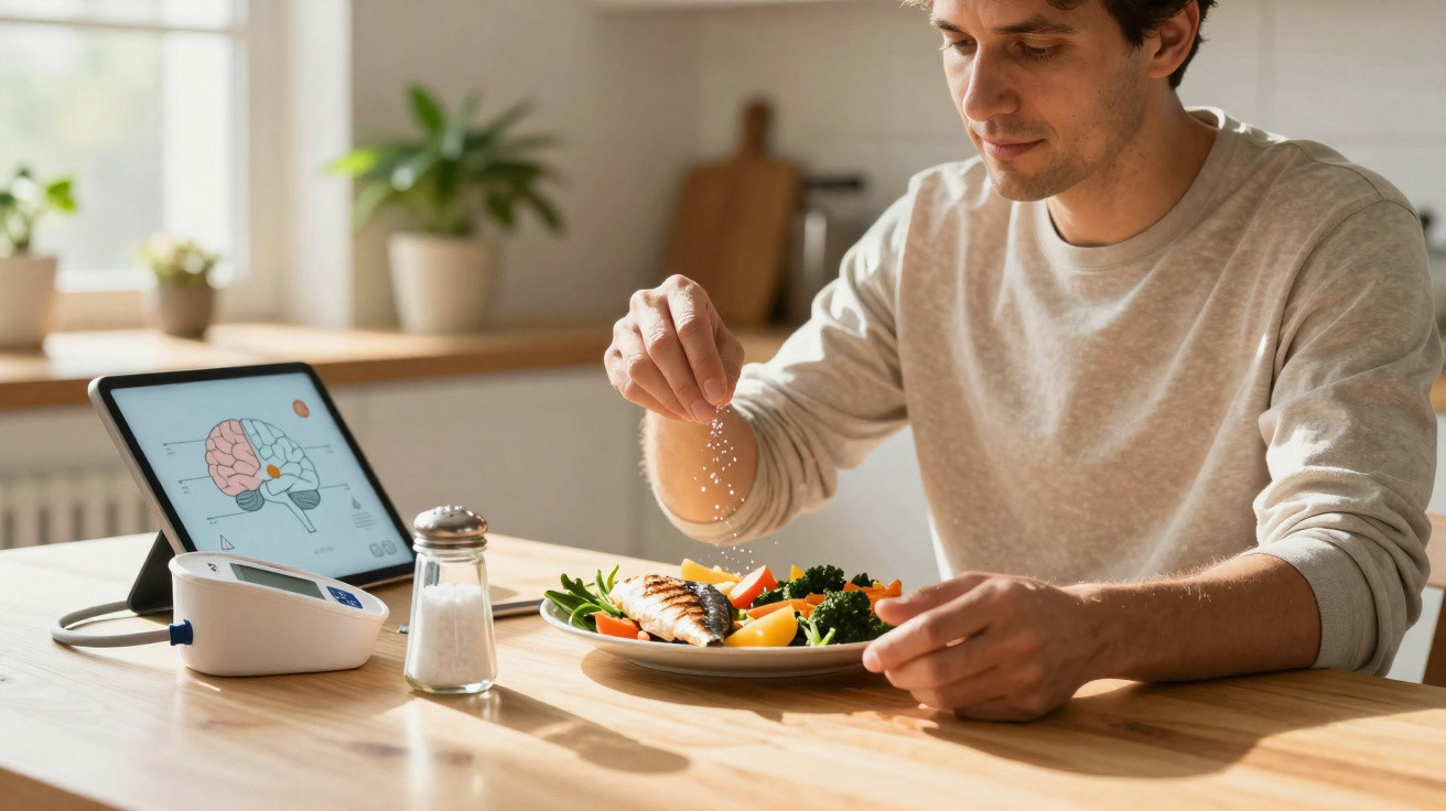 Homem a temperar peixe e legumes cozinhados à mesa, com monitor de pressão arterial e imagem de cérebro num tablet.