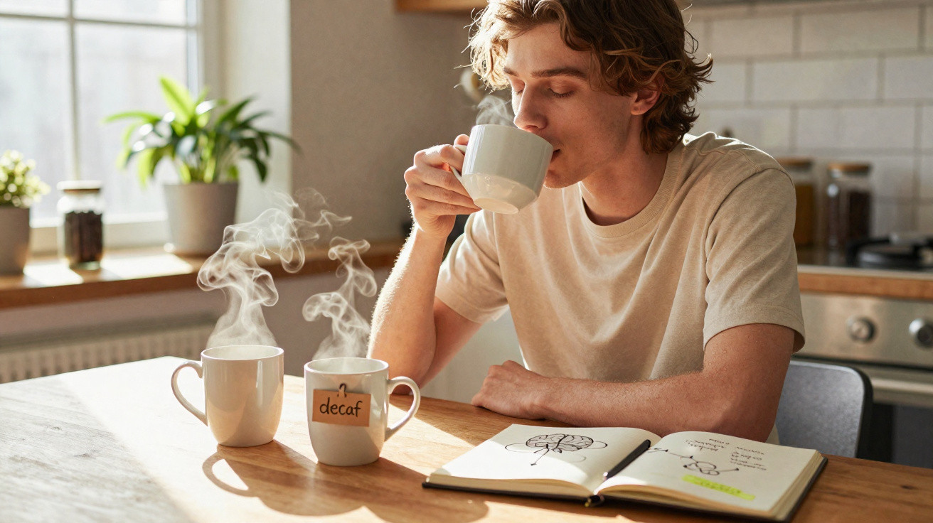 Jovem sentado à mesa a beber café quente enquanto lê um livro num ambiente luminoso de cozinha.