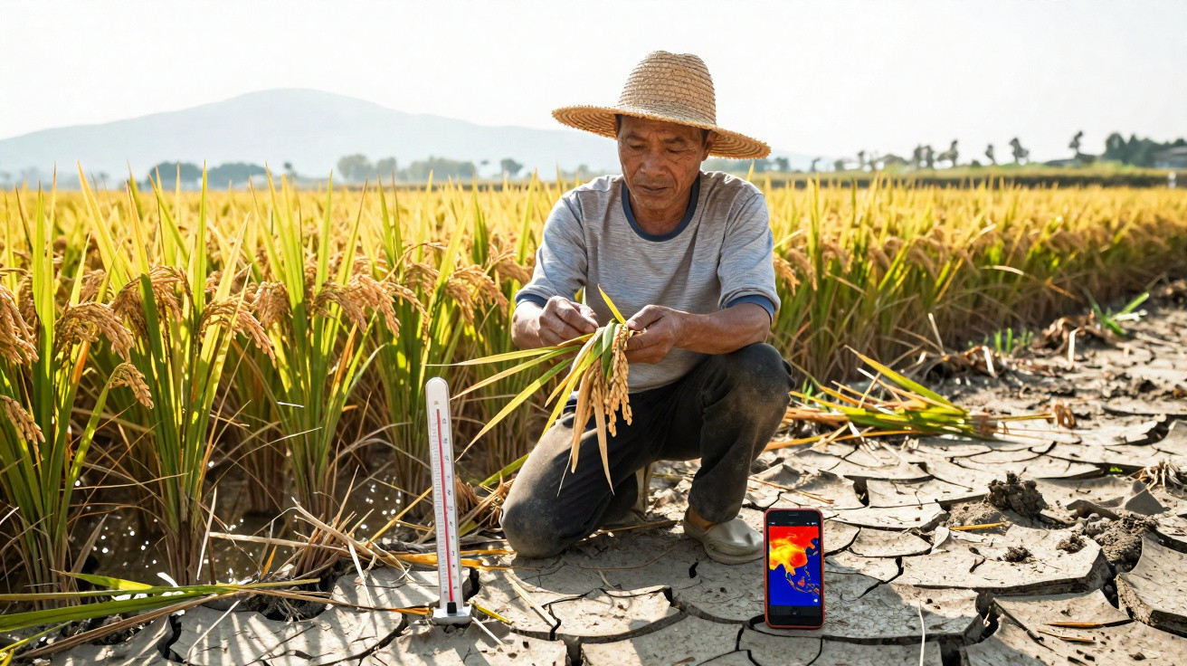 Homem na cultura de arroz examina planta numa terra seca com termómetro e smartphone ao lado.
