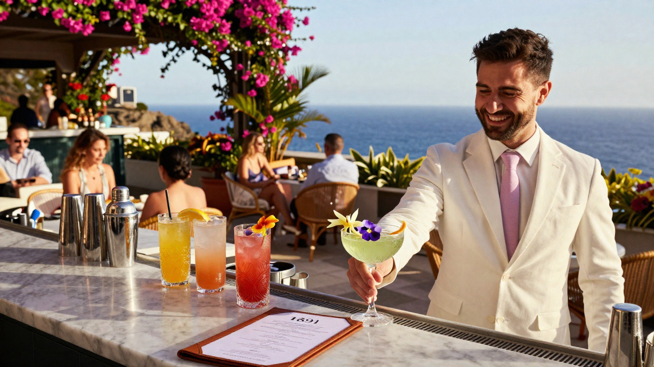 Homem vestido elegantemente serve cocktail sofisticado num bar ao ar livre com vista para o mar.