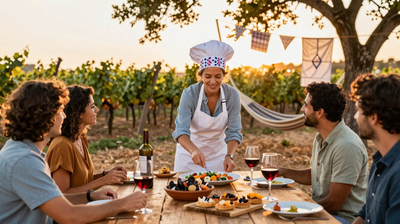 Jovens sentados à mesa ao ar livre, a mulher com chapéu de cozinheira serve comida num ambiente rural ao pôr do sol.
