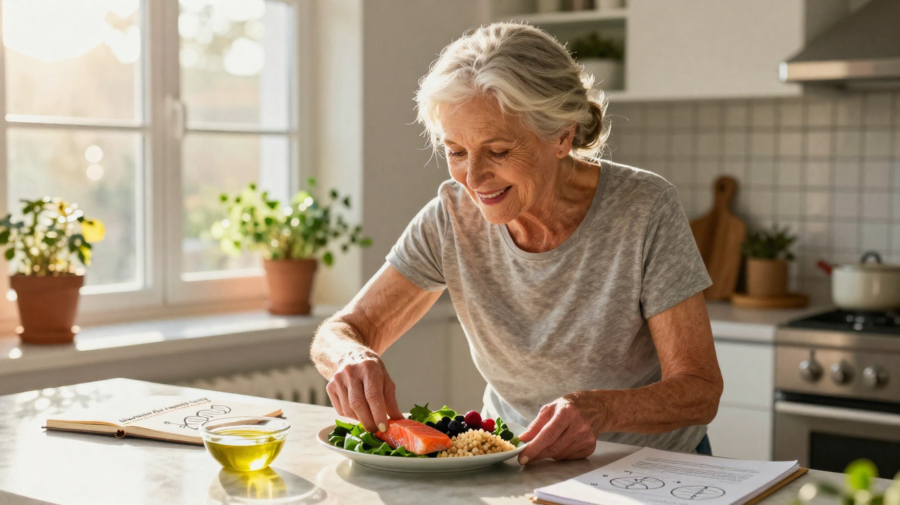 Pessoa idosa alegre a preparar uma refeição saudável com salada e salmão na cozinha luminosa.