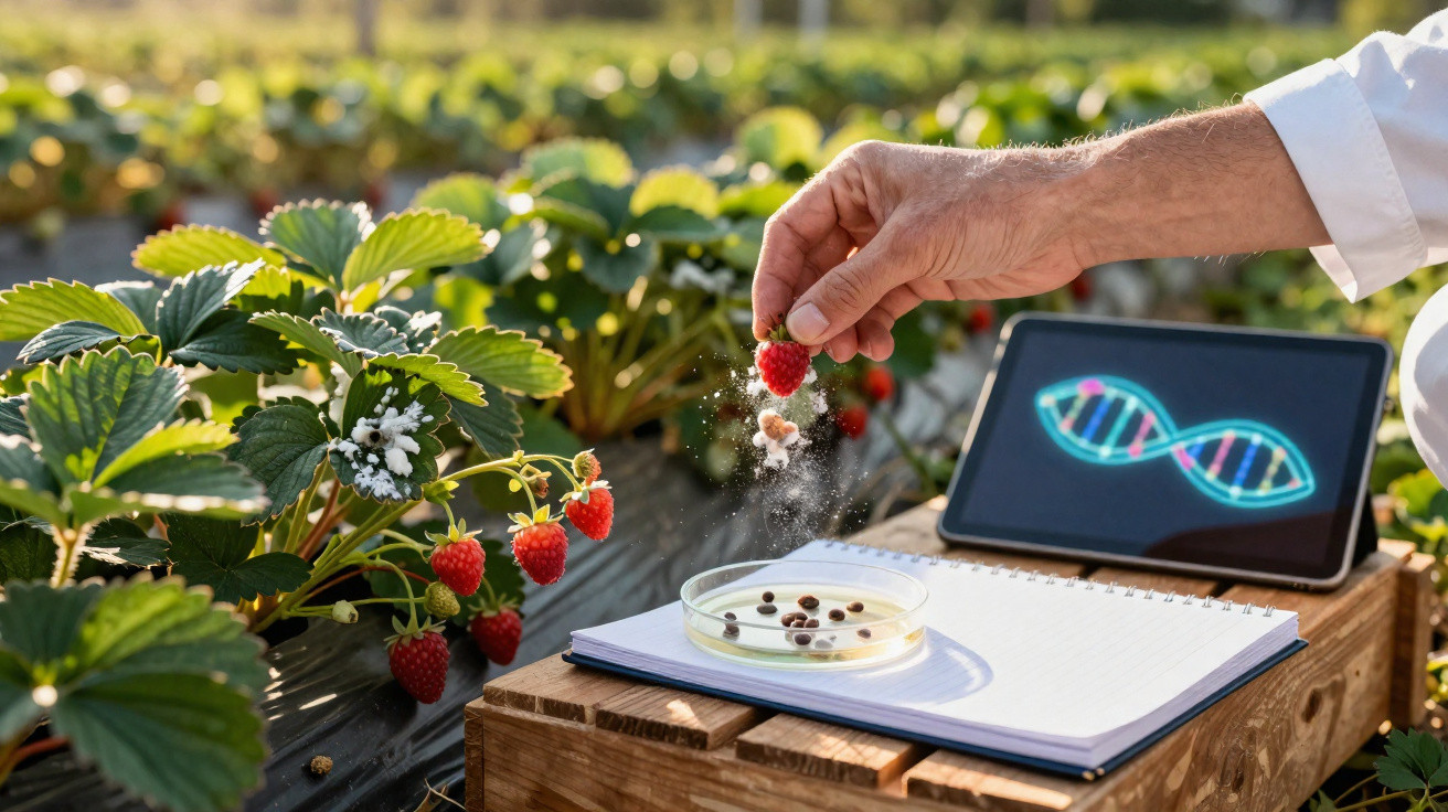 Mão a colher morango numa plantação, placa com amostras e tablet com imagem de DNA ao fundo.