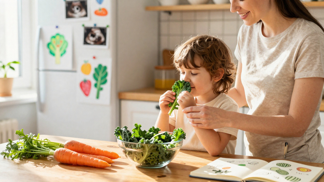 Criança cheira couve com mãe sorridente ao lado numa cozinha com legumes sobre a mesa.