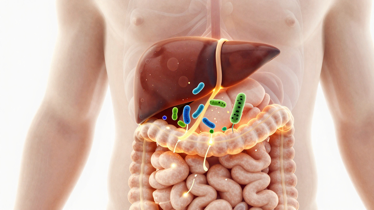 Ilustração do fígado e intestinos com microrganismos destacados no sistema digestivo humano.