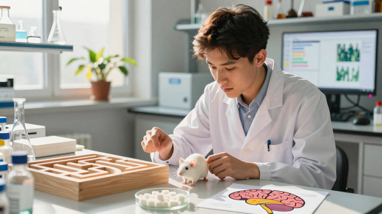 Cientista jovem em laboratório, veste bata branca e observa rato branco com labirinto e imagem do cérebro na mesa.