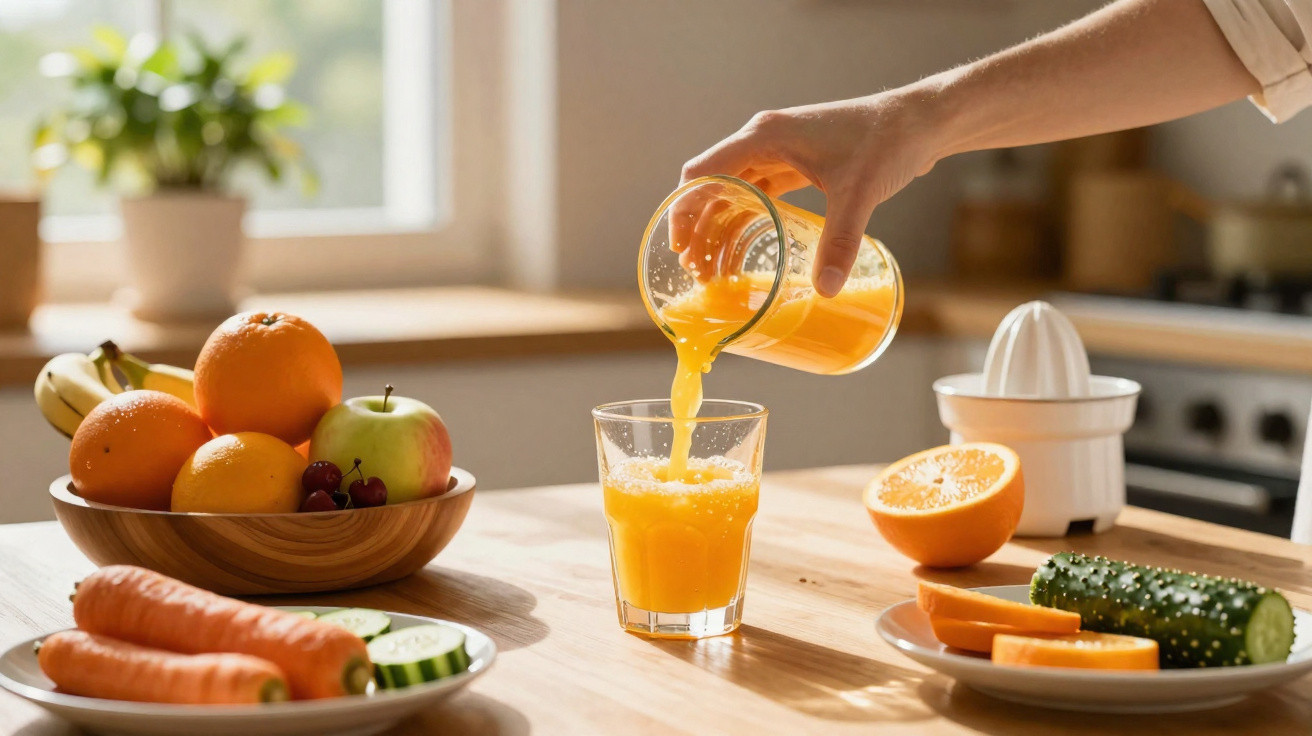 Pessoa a servir sumo de laranja num copo com frutas e legumes frescos numa cozinha iluminada.