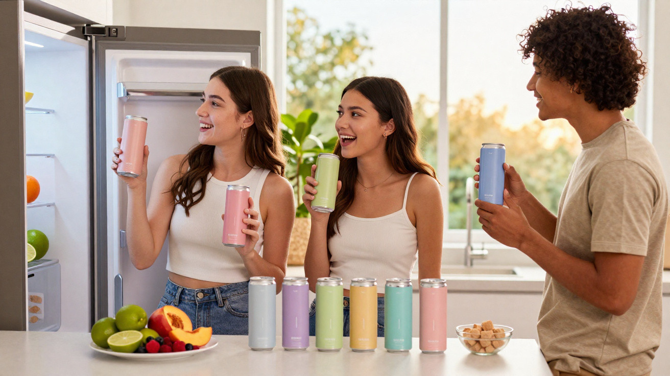 Três jovens com roupas casuais seguram latas coloridas enquanto sorriem numa cozinha moderna iluminada.
