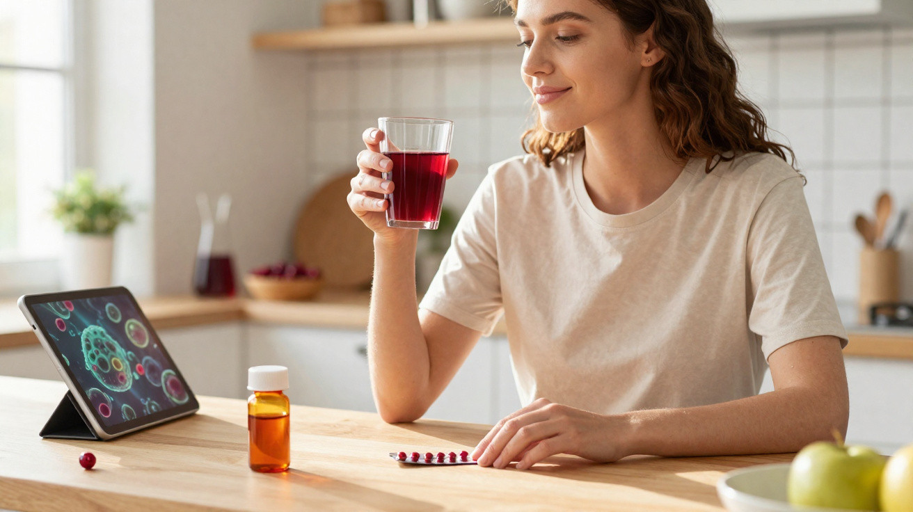 Mulher segura copo de líquido vermelho na cozinha, com remédios sobre a mesa e ecrã digital ao fundo.