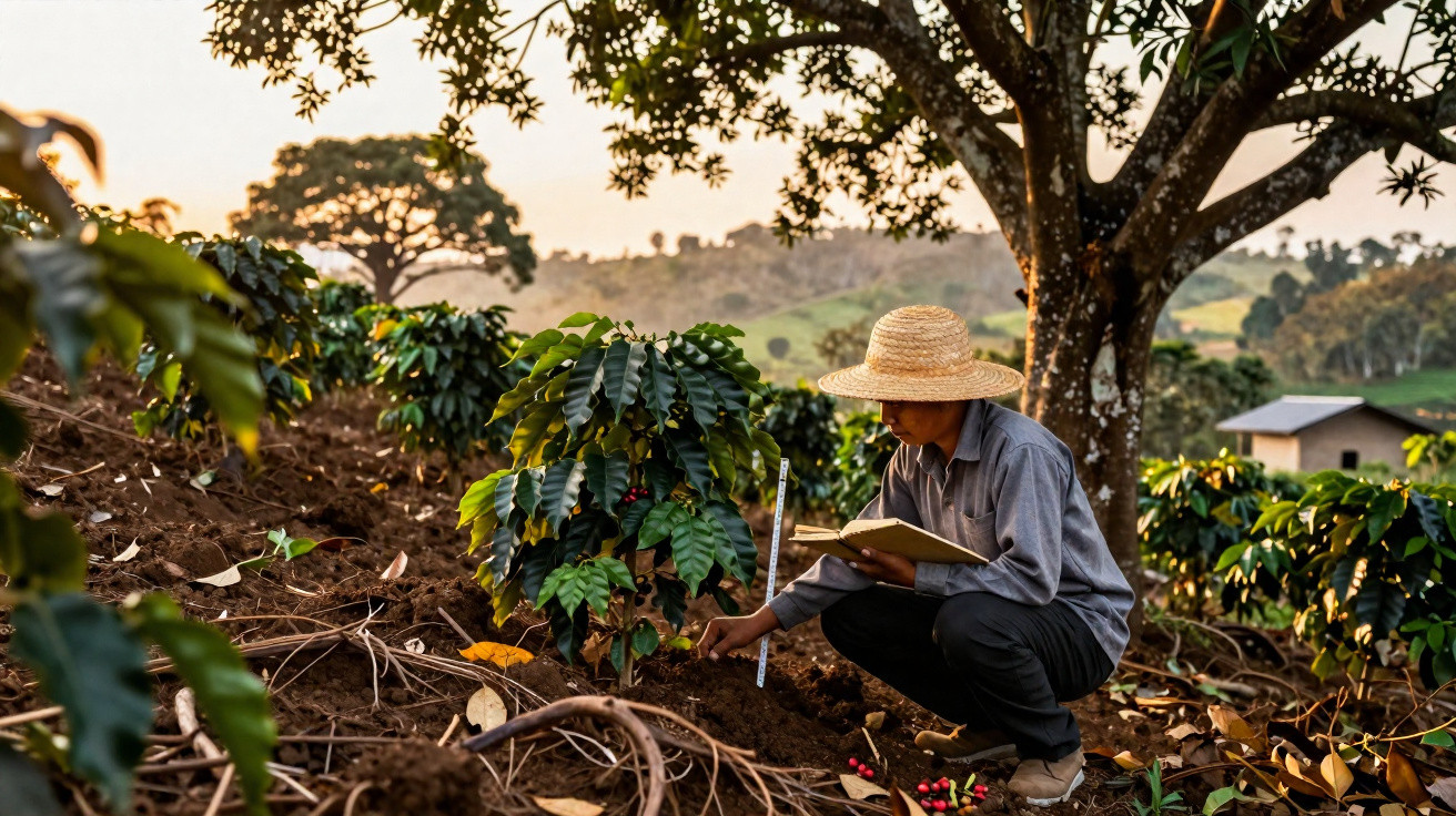 Agricultor com chapéu de palha analisa plantas de café num terreno inclinado ao pôr do sol.