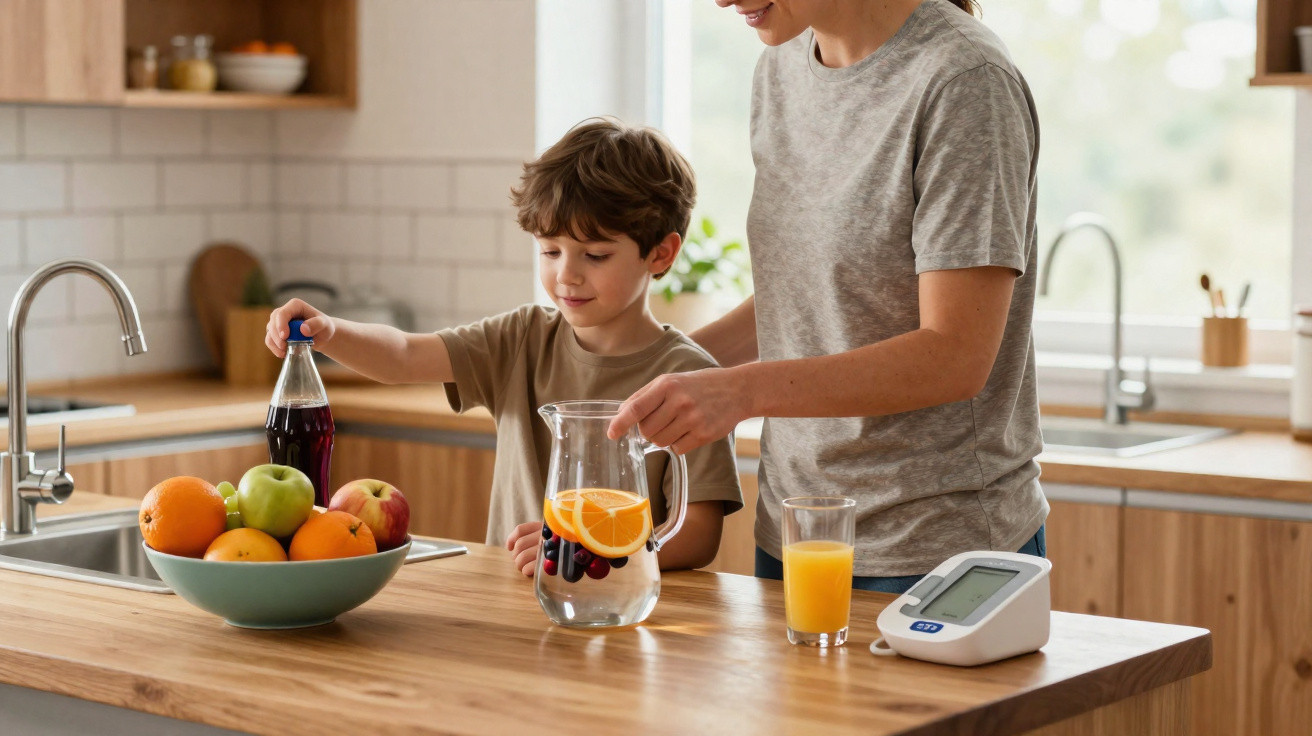 Criança e mulher preparam bebida com frutas numa cozinha moderna com bancada de madeira e máquina de medição.