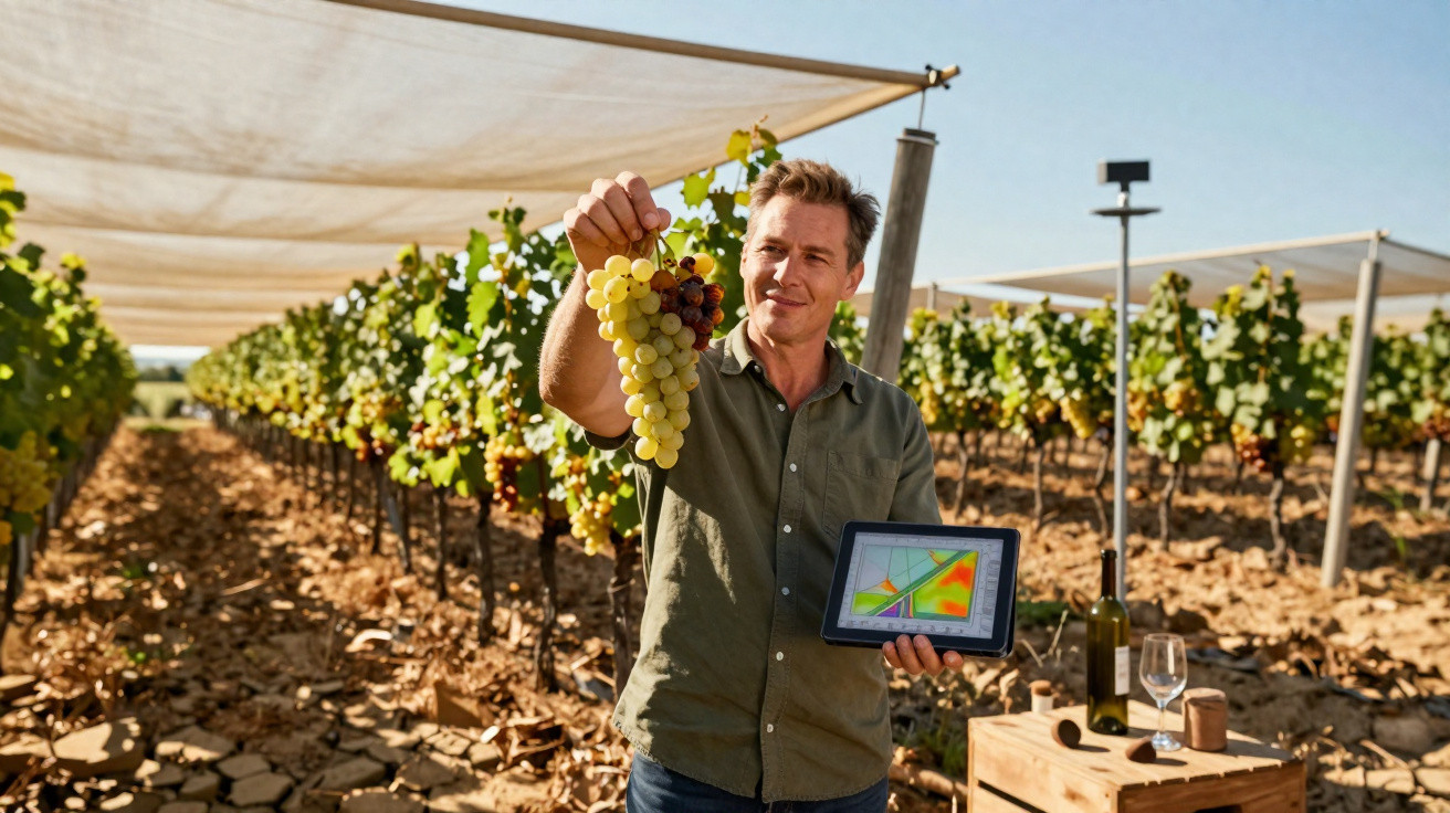 Homem numa vinha a segurar um cacho de uvas e um tablet com mapas de análise do terreno.