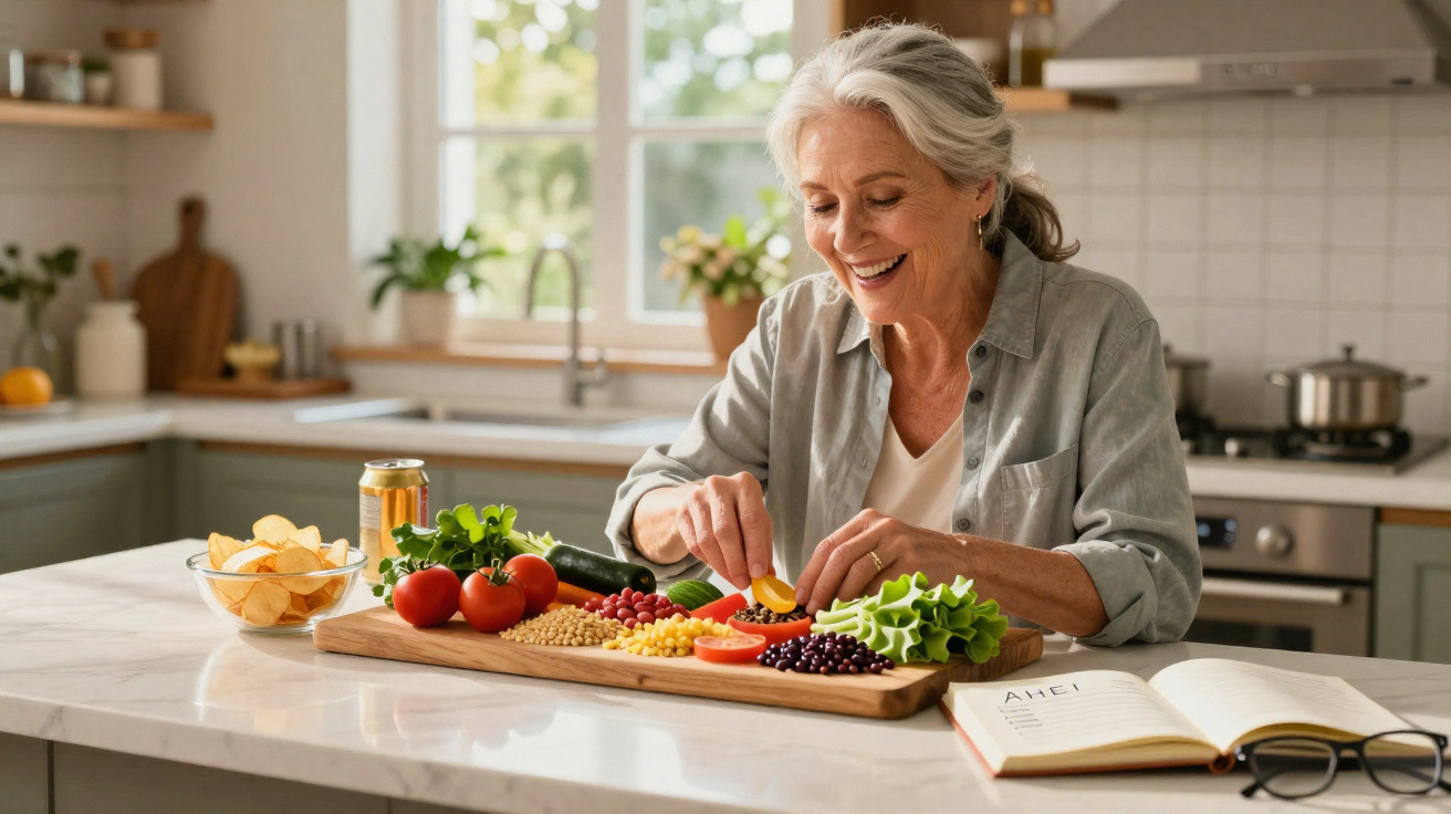 Mulher sorridente a preparar salada com legumes variados numa cozinha luminosa e acolhedora.
