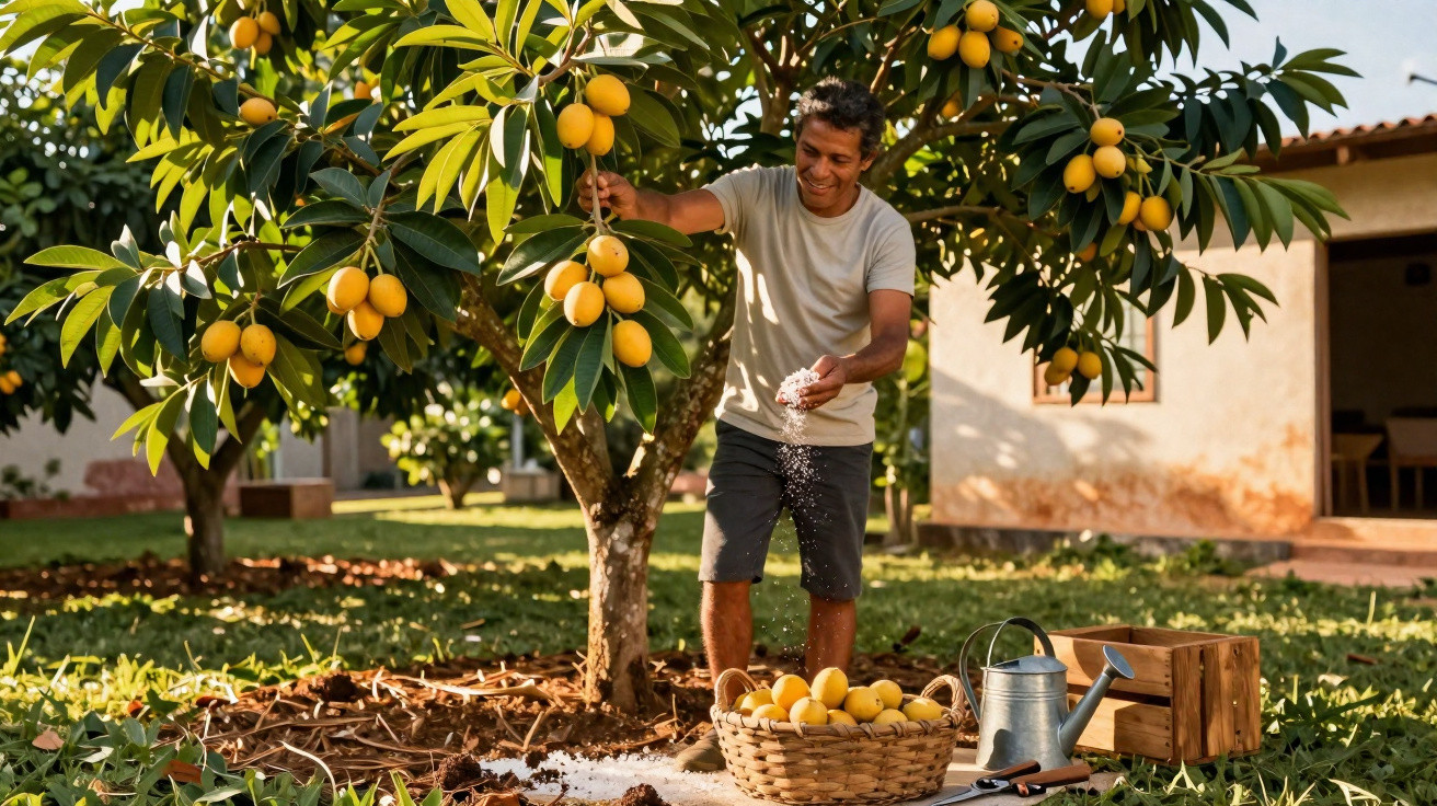 Homem rega árvore de maracujá com frutos amarelos num jardim solarengo, perto de casa rústica.