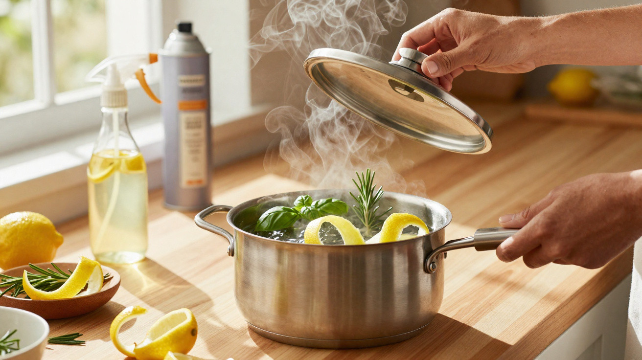 Mãos a levantar tampa de panela com vapor, limão e ervas frescas numa cozinha iluminada.