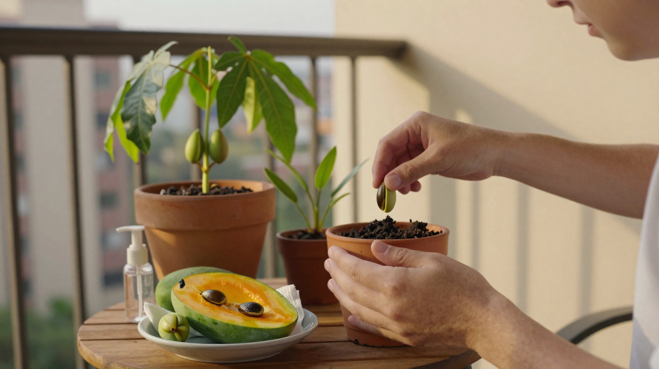 Pessoa planta sementes de papaia em vaso, com frutos e plantas em vaso num terraço ao fundo.