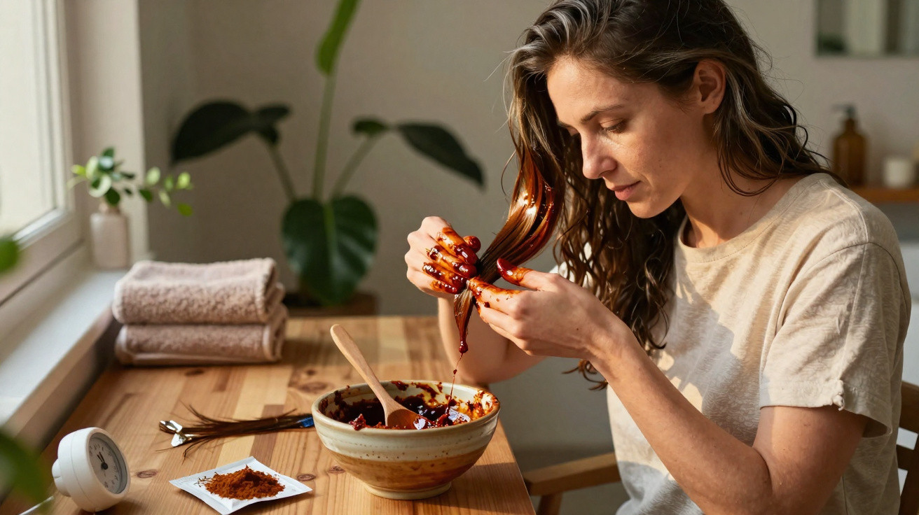 Mulher aplica henna nas madeixas do cabelo sentada à mesa com luz natural e plantas ao fundo.