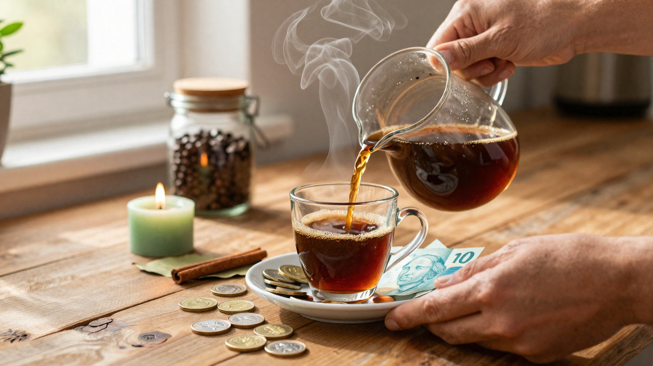 Mãos a servir café fumegante numa chávena transparente sobre um pires com moedas e uma nota.