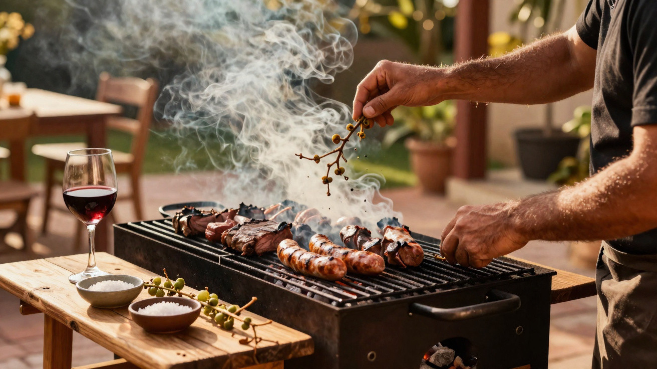 Mãos a temperar carnes numa churrasqueira ao ar livre com copo de vinho tinto sobre mesa de madeira.