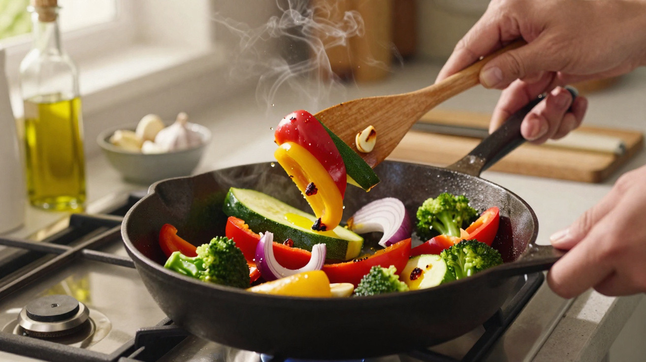 Mãos a cozinhar legumes coloridos salteados numa frigideira sobre o fogão com vapor a sair.