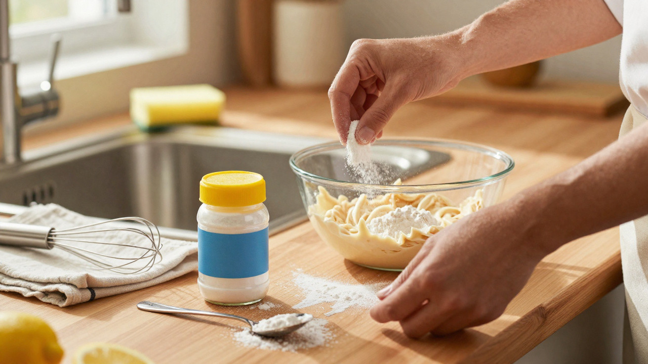 Mãos a polvilhar fermento numa tigela com massa numa bancada de cozinha junto a utensílios e uma jarra.