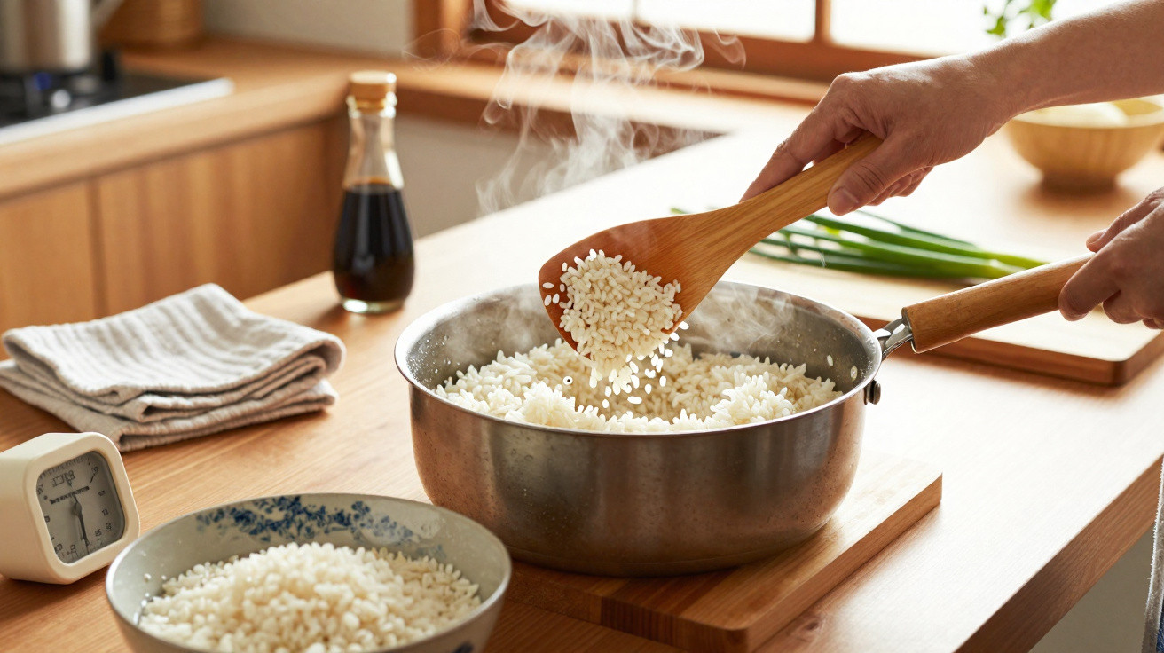 Pessoa a mexer arroz fumegante numa panela numa cozinha clara e organizada.