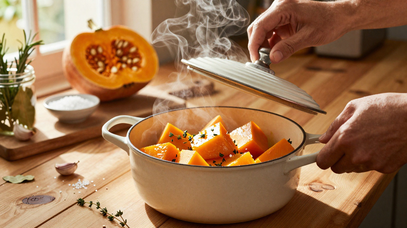 Mãos a levantar tampa de panela com abóbora cortada e a vapor em cozinha com ingredientes ao fundo.