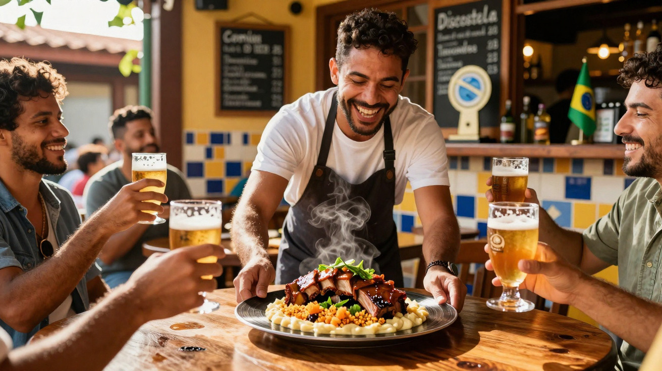 Homem a servir prato fumegante de carne aos amigos que brindam com cerveja num restaurante acolhedor.