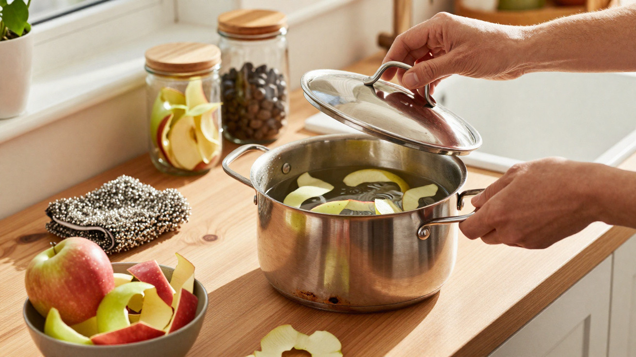 Mãos a levantar tampa de panela com água e cascas de maçã numa cozinha iluminada natural.