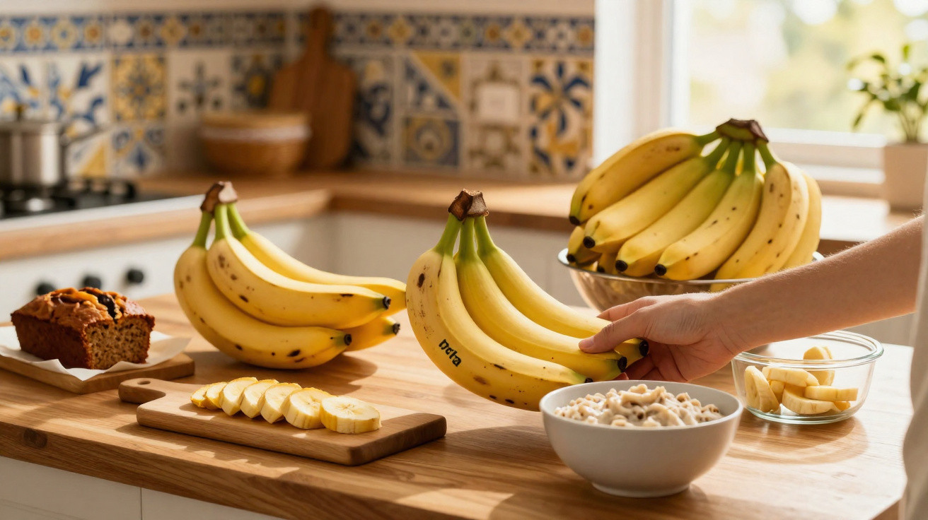 Cozinha com mão a segurar cacho de bananas, bananas cortadas e cereais numa tigela branca sobre bancada de madeira.