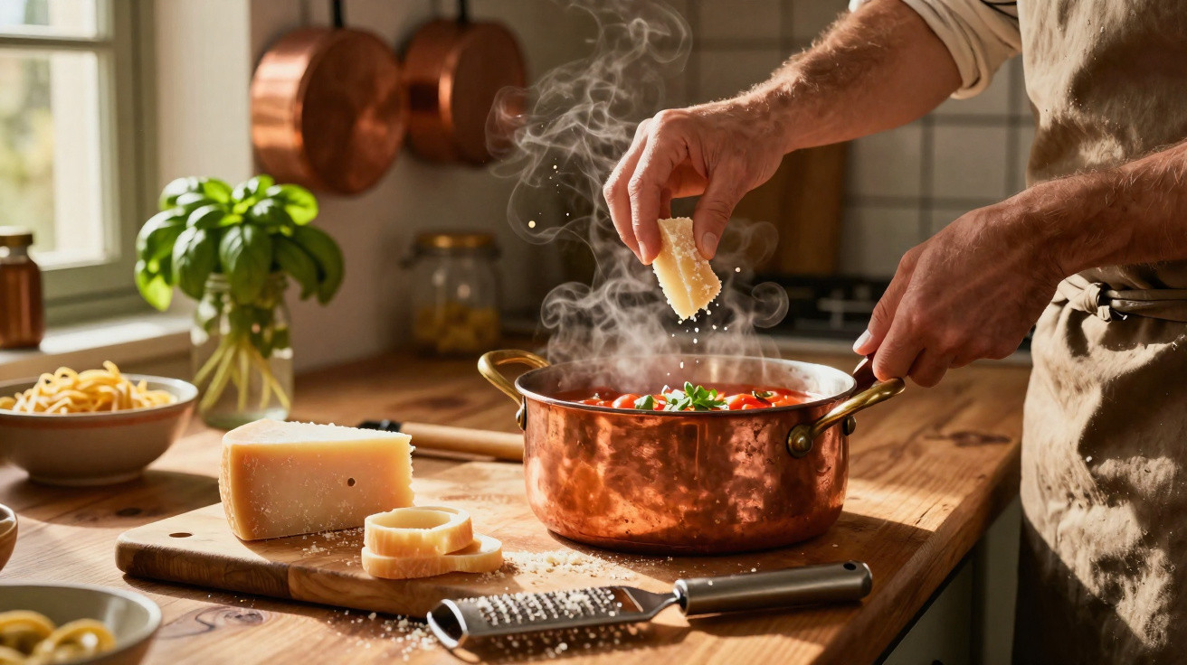 Pessoa a adicionar queijo ralado a molho de tomate fumegante numa panela de cobre numa cozinha rústica.