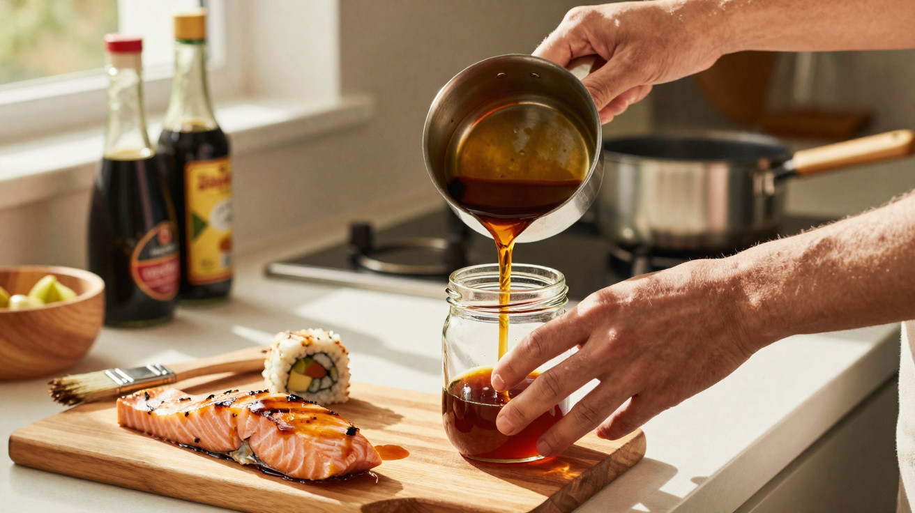 Mãos a verter molho de soja de um recipiente para um frasco ao lado de sushi numa tábua de madeira.