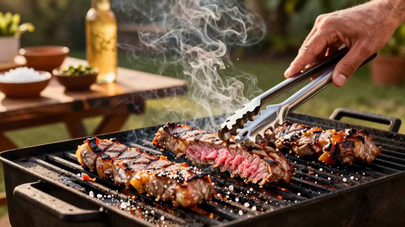 Pessoas a grelharem bifes suculentos com carvão, com marcas de grelha e sal grosso num churrasco ao ar livre.