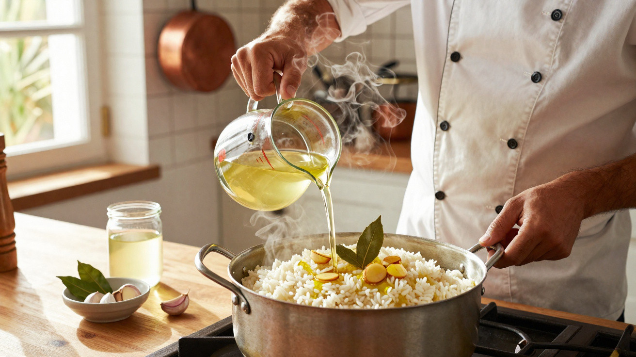 Chef a verter caldo quente em arroz com temperos numa panela em fogão numa cozinha iluminada.