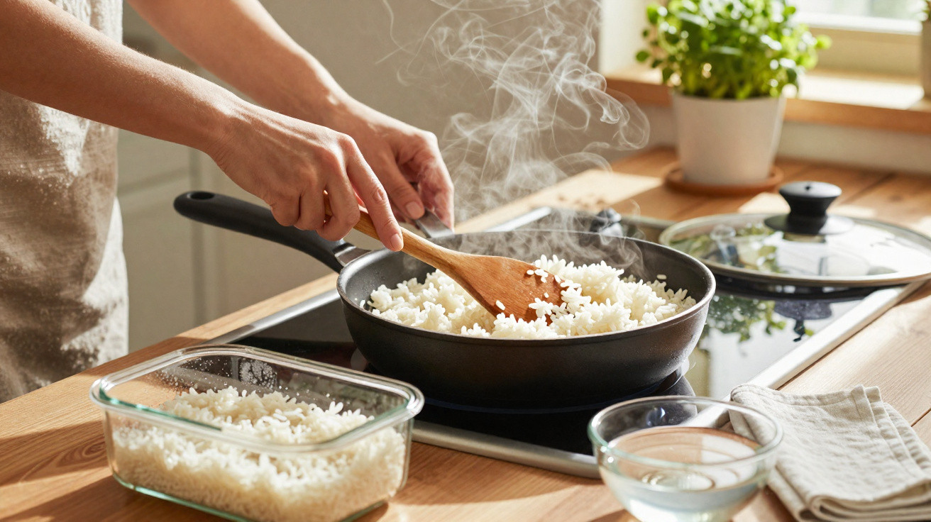 Mãos mexem arroz branco a cozinhar numa frigideira com vapor, sobre placa de fogão, num balcão de cozinha.